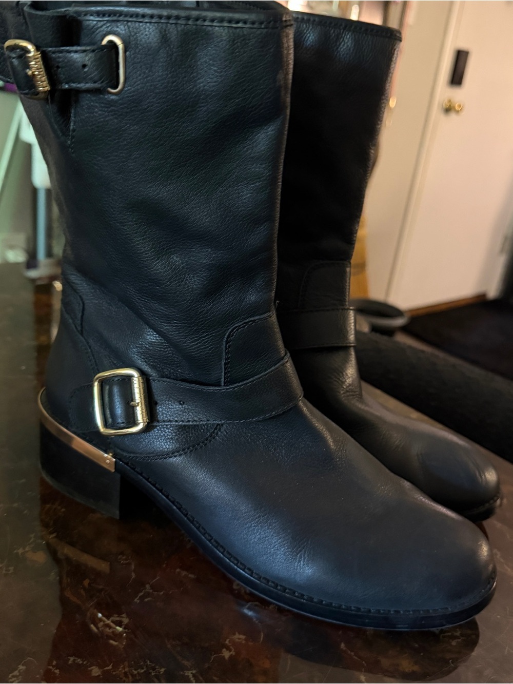 Vince Camuto Black Leather Mid-Calf Buckle Boots